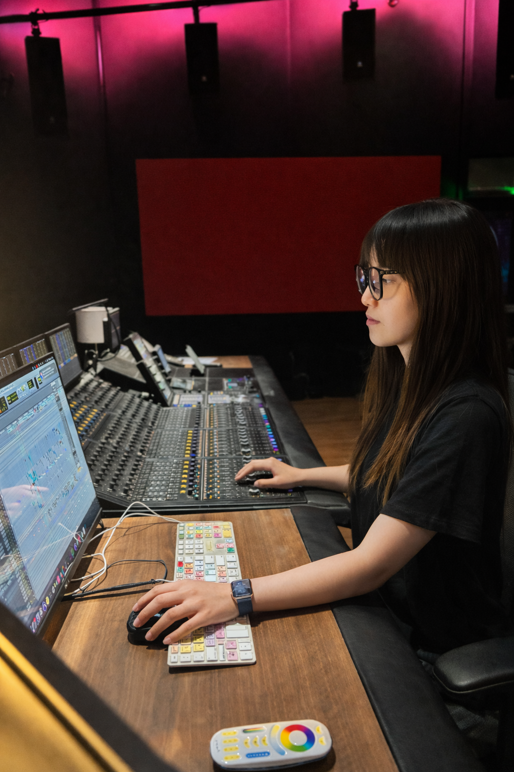 Mingxi Xu editing sound at a mixing console
